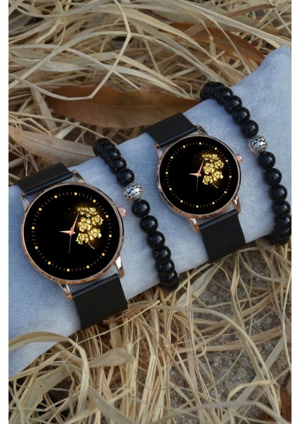 Siyah Rose Gold Hasır Çift Altın Gül Saat ve Bileklik Çift Sevgili Saatleri