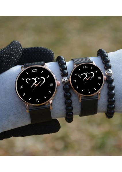 Çift Saatleri Sevgili Saati Siyah Rose Gold Hasır Çift Kalp Saat ve Bileklik Hediyeli Çift Saatleri
