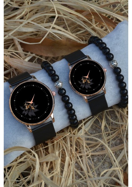 Siyah Rose Gold Hasır Çift Çicek Saat ve Bileklik Hediyeli Çift Sevgili Saatleri