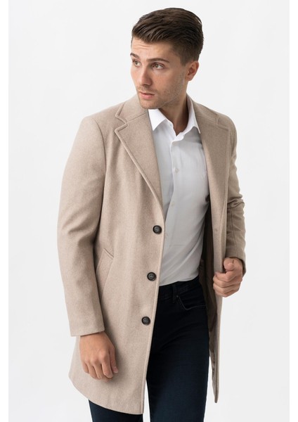 Ancona 4025-2 Düz Ceket Yaka Slim Fit Pamuklu Kaban K.bej