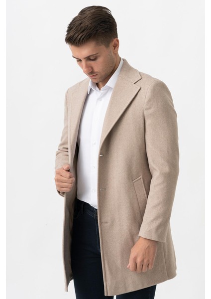 Ancona 4025-2 Düz Ceket Yaka Slim Fit Pamuklu Kaban K.bej