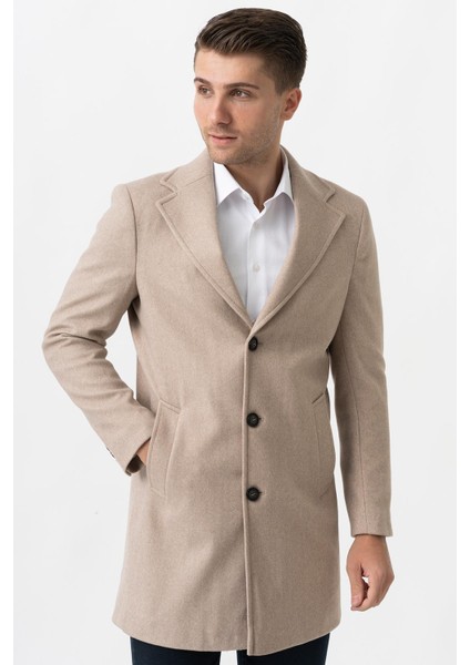 Ancona 4025-2 Düz Ceket Yaka Slim Fit Pamuklu Kaban K.bej