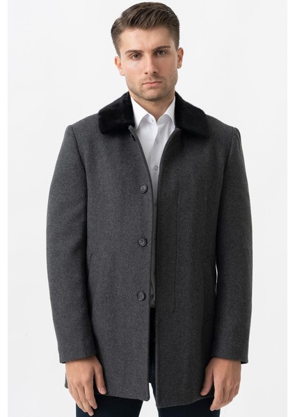 Vicenza 4016 Berberi Yaka Slim Fit Yünlü Kaban Füme