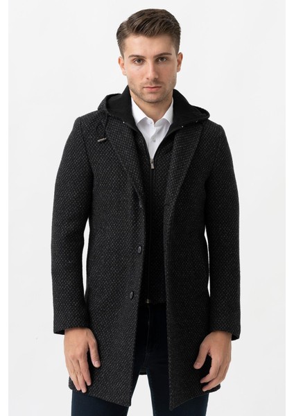 Ancona 4024 Slim Fit Kapüşonlu Ceket Yaka Pamuklu Kaban Gri
