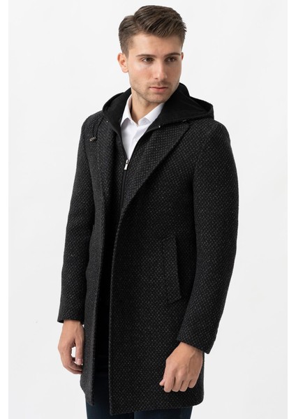 Ancona 4024 Slim Fit Kapüşonlu Ceket Yaka Pamuklu Kaban Gri