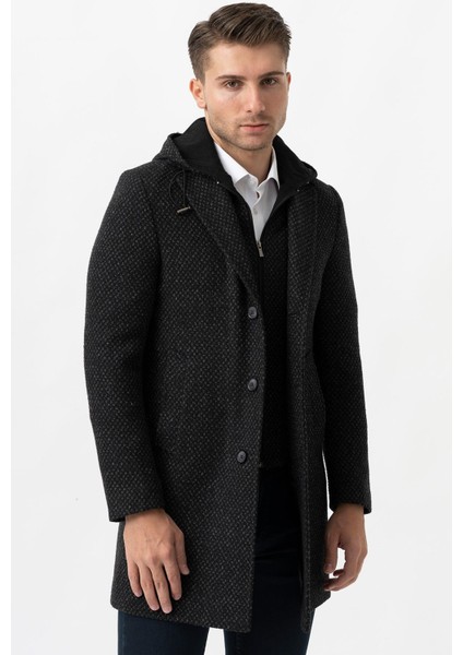 Ancona 4024 Slim Fit Kapüşonlu Ceket Yaka Pamuklu Kaban Gri