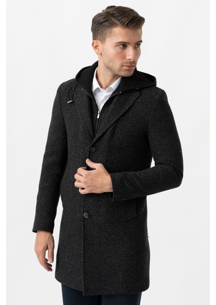 Ancona 4024 Slim Fit Kapüşonlu Ceket Yaka Pamuklu Kaban Gri
