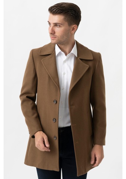 Bolzano 4019 Geniş Yaka Slim Fit Yünlü Kemerli Kaban Camel