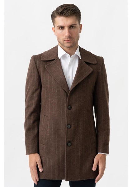 Bolzano 4019 Geniş Yaka Slim Fit Yünlü Kemerli Kaban Çizgili Kahve