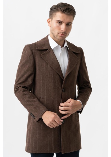 Bolzano 4019 Geniş Yaka Slim Fit Yünlü Kemerli Kaban Çizgili Kahve fiyatları