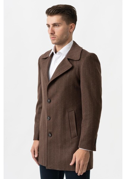 Bolzano 4019 Geniş Yaka Slim Fit Yünlü Kemerli Kaban Çizgili Kahve modelleri