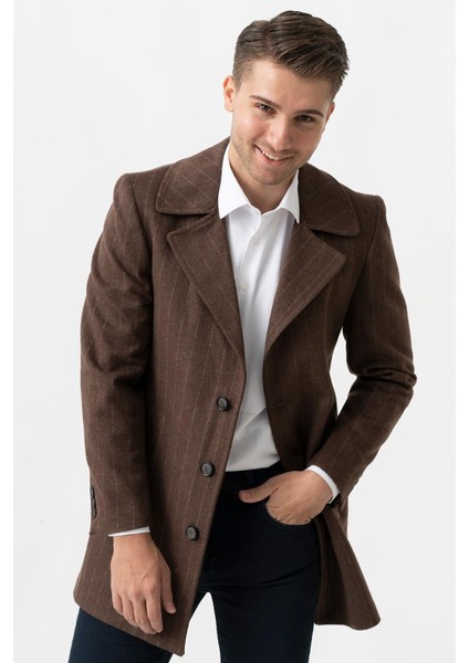Bolzano 4019 Geniş Yaka Slim Fit Yünlü Kemerli Kaban Çizgili Kahve indirimleri