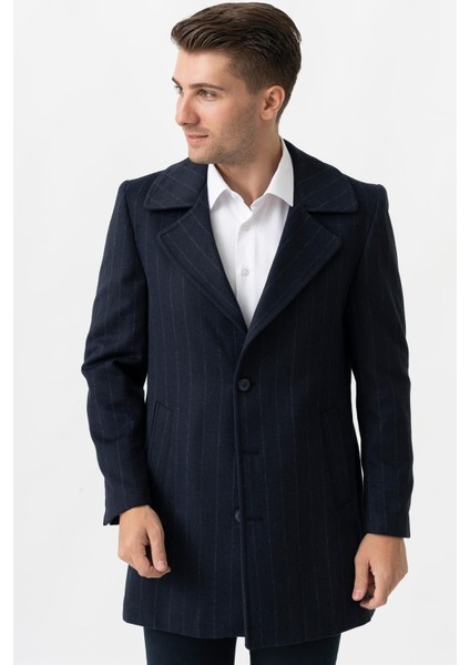 Bolzano 4019 Geniş Yaka Slim Fit Yünlü Kemerli Kaban Çizgili Laci