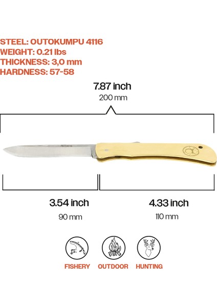 Kam Knife El Yapımı Kılıflı Sırttan Kilitli Pirinç Çakı - Outoukumpu 4116 Çelik - PR77 4116 Pirinç