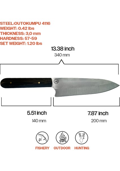 Kam Knife El Yapımı Şef Bıçağı ve Kesme Tahtası - Outokumpu 4116 Çelik