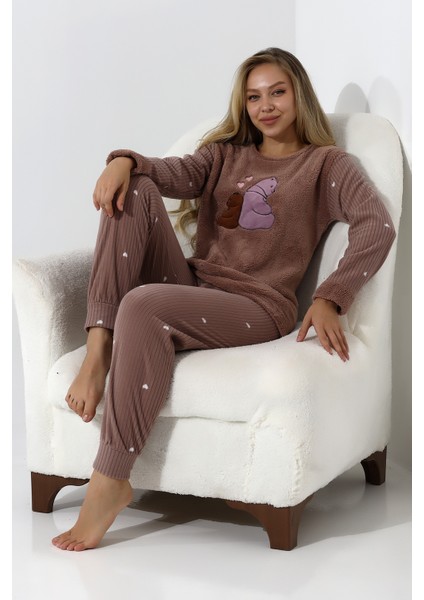 Fwn 5015 Peluş Welsoft Polar Kışlık Ayıcıklı Yumoş Kadın Pijama Takımı