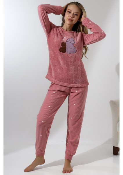 Fwn 5015 Peluş Welsoft Polar Kışlık Ayıcıklı Yumoş Kadın Pijama Takımı