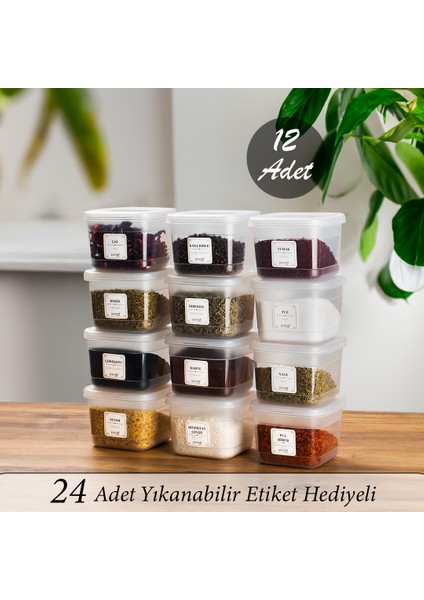 Çok Amaçlı Etiketli Baharatlık Kahvaltılık Kapaklı Saklama Kabı Şeffaf 600 cc 12'li
