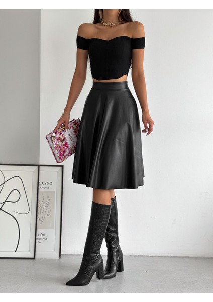 Yüksek Bel,içi Şardonlu,beli Lastikli,deri Kroşe Etek K0034