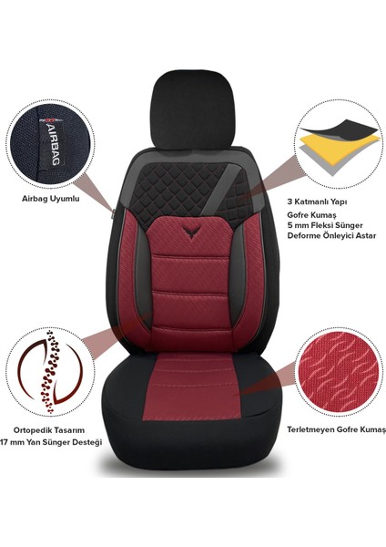 K1 - Opel Antara ile Uyumlu Koltuk Kılıfı, Tam Takım/bordo-Siyah