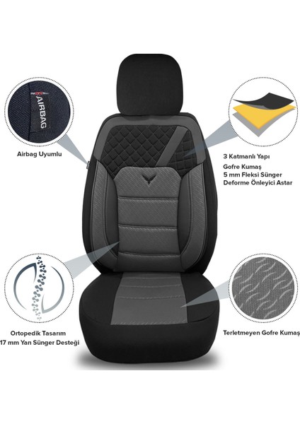 K1 - Fiat Fiorino ile Uyumlu Koltuk Kılıfı, Tam Takım/gri-Siyah fırsatları