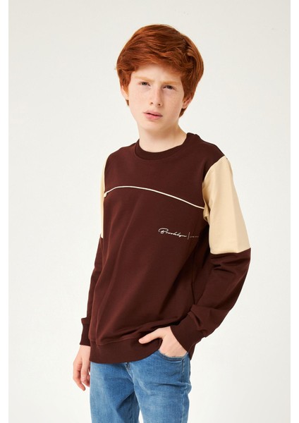 Garnili Ara Biyeli Erkek Çocuk Sweatshirt Kahverengi fiyatları