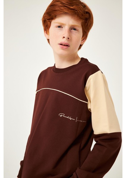 Garnili Ara Biyeli Erkek Çocuk Sweatshirt Kahverengi fırsatları