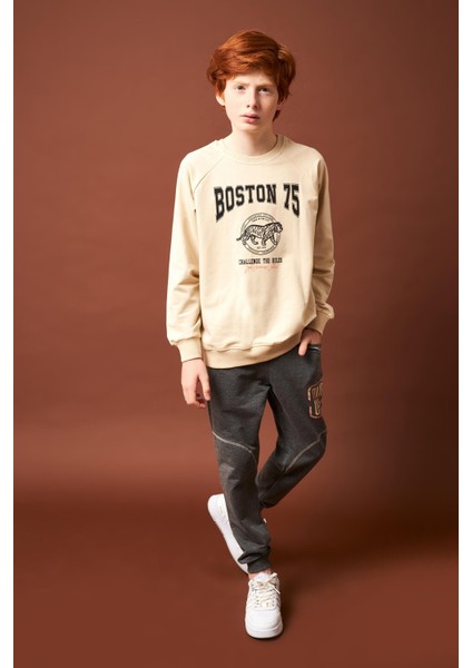 Boston Baskılı Erkek Çocuk Sweatshirt Taş