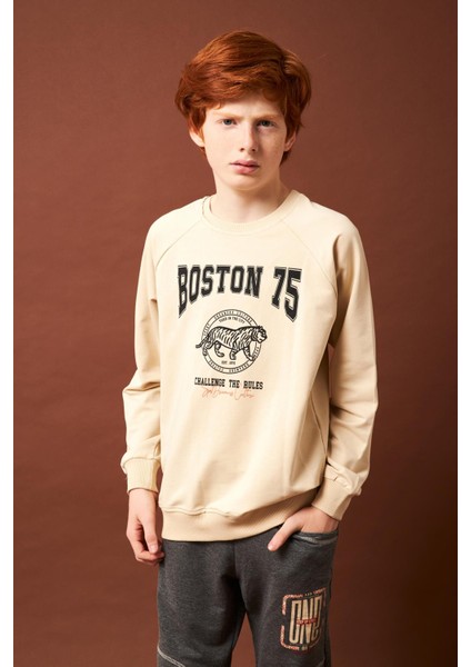 Boston Baskılı Erkek Çocuk Sweatshirt Taş