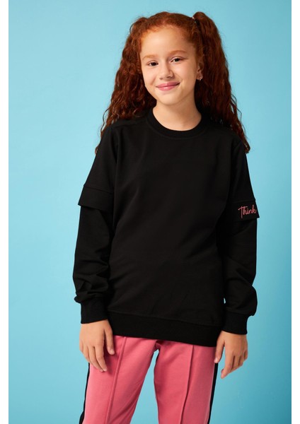 Think Positive Nakış Detaylı Kız Çocuk Sweatshirt Siyah