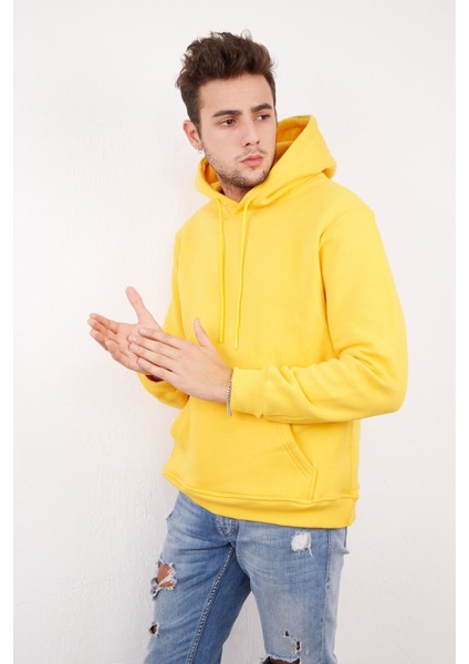 Erkek Beyaz Tam Oversize Kanguru Cepli 3 İplik Erkek Kapüşonlu Sweatshirt