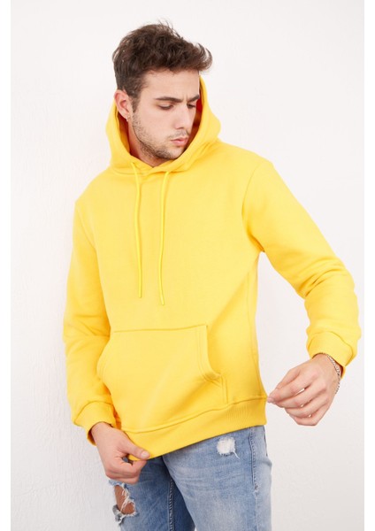 Erkek Beyaz Tam Oversize Kanguru Cepli 3 İplik Erkek Kapüşonlu Sweatshirt