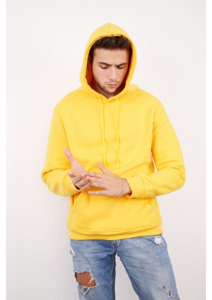 Erkek Beyaz Tam Oversize Kanguru Cepli 3 İplik Erkek Kapüşonlu Sweatshirt