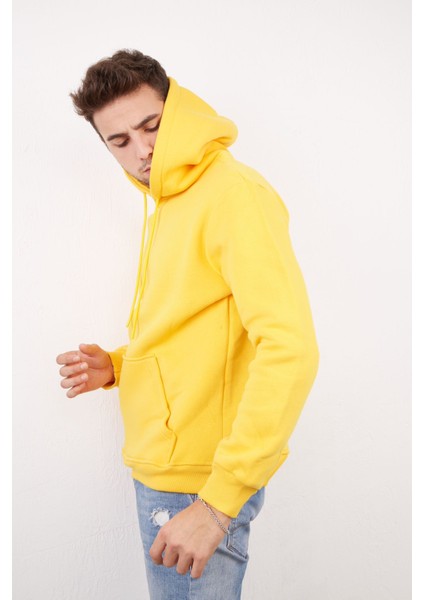 Erkek Beyaz Tam Oversize Kanguru Cepli 3 İplik Erkek Kapüşonlu Sweatshirt