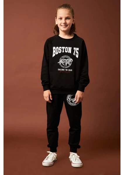 Boston Baskılı Erkek Çocuk Sweatshirt Siyah