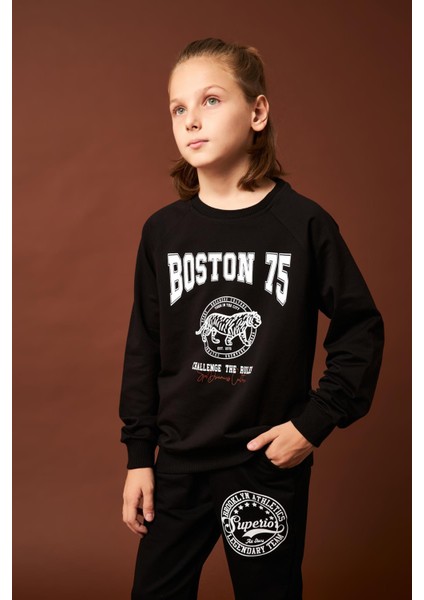 Boston Baskılı Erkek Çocuk Sweatshirt Siyah