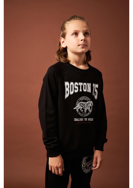 Boston Baskılı Erkek Çocuk Sweatshirt Siyah