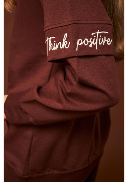 Think Positive Nakış Detaylı Kız Çocuk Sweatshirt Kahverengi