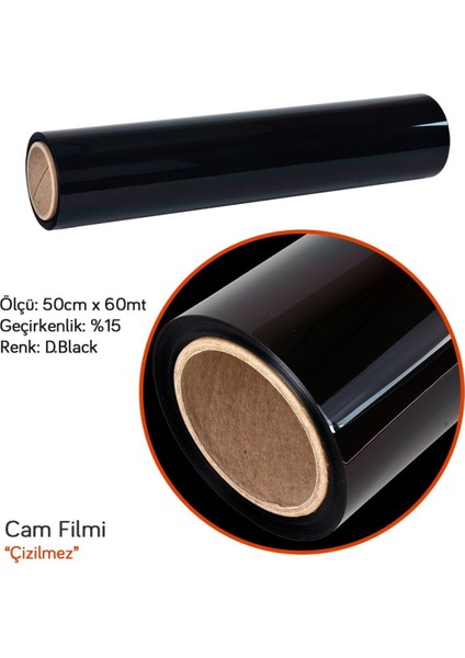 Çizilmez 50 cm x 60 mt %15 D.black Cam Filmi