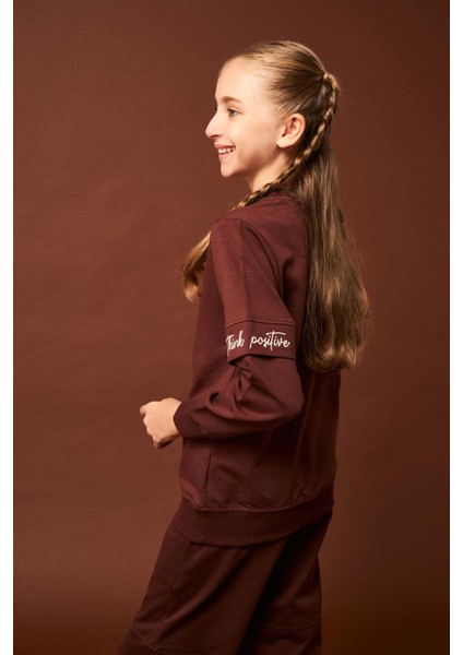 Think Positive Nakış Detaylı Kız Çocuk Sweatshirt Kahverengi fiyatları