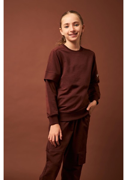 Think Positive Nakış Detaylı Kız Çocuk Sweatshirt Kahverengi indirimleri