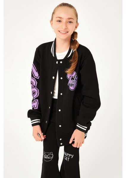 1992 Baskı Detaylı Kız Çocuk Kolej Ceket Siyah indirimleri