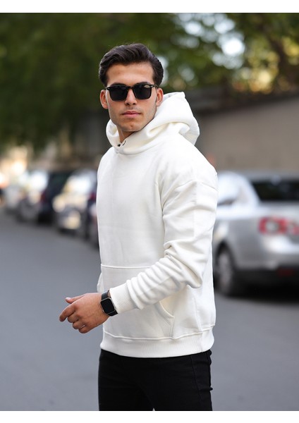 Erkek Beyaz Tam Oversize Kanguru Cepli 3 İplik Erkek Kapüşonlu Sweatshirt