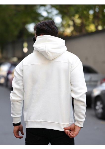 Erkek Beyaz Tam Oversize Kanguru Cepli 3 İplik Erkek Kapüşonlu Sweatshirt fırsatları