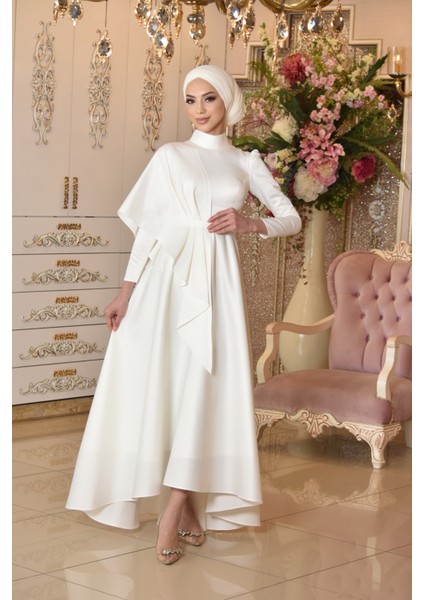 Defne Abiye Elbise Kırık Beyaz Saten Kumaş Oval Kuyruk Detaylı Kadınlar İçin fiyatları