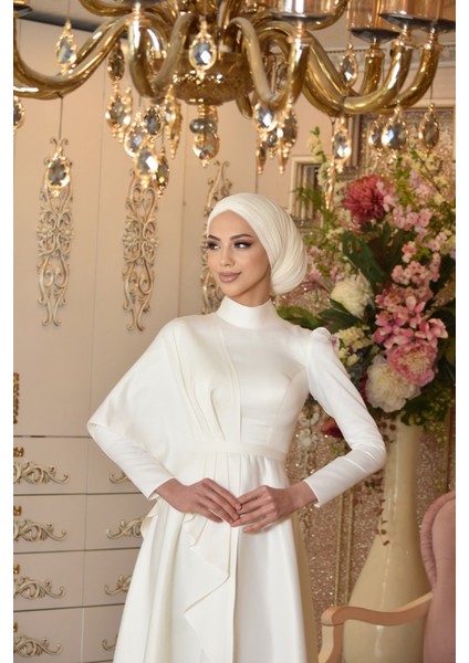 Defne Abiye Elbise Kırık Beyaz Saten Kumaş Oval Kuyruk Detaylı Kadınlar İçin indirimleri