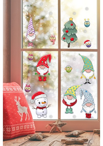 Echo Home Yılbaşı Sticker Noel Cüceler Baykuş Kardan Adam ve Kartaneleri Pencere Sticker