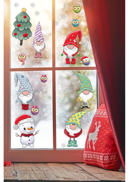 Echo Home Yılbaşı Sticker Noel Cüceler Baykuş Kardan Adam ve Kartaneleri Pencere Sticker