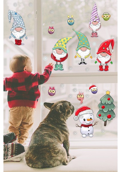 Echo Home Yılbaşı Sticker Noel Cüceler Baykuş Kardan Adam ve Kartaneleri Pencere Sticker