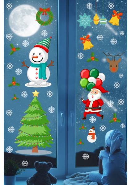Yılbaşı Sticker Noel Baba Pencere Süsleri ve Kar Taneleri Temalı Pencere Sticker